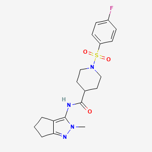 molecular formula C19H23FN4O3S B2470609 1-((4-fluorophenyl)sulfonyl)-N-(2-methyl-2,4,5,6-tetrahydrocyclopenta[c]pyrazol-3-yl)piperidine-4-carboxamide CAS No. 1105251-77-1