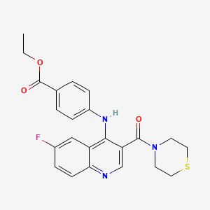 molecular formula C23H22FN3O3S B2470621 Ethyl 4-((6-fluoro-3-(thiomorpholine-4-carbonyl)quinolin-4-yl)amino)benzoate CAS No. 1359401-31-2