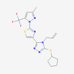molecular formula C18H19F3N6S2 B2470655 4-allyl-3-(cyclopentylsulfanyl)-5-{2-[3-methyl-5-(trifluoromethyl)-1H-pyrazol-1-yl]-1,3-thiazol-4-yl}-4H-1,2,4-triazole CAS No. 956752-33-3