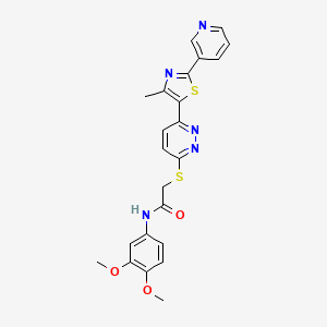 molecular formula C23H21N5O3S2 B2470677 N-(3,4-dimethoxyphenyl)-2-((6-(4-methyl-2-(pyridin-3-yl)thiazol-5-yl)pyridazin-3-yl)thio)acetamide CAS No. 954590-00-2