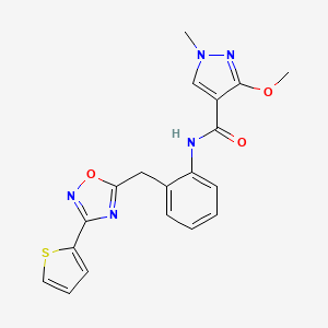 molecular formula C19H17N5O3S B2470731 3-methoxy-1-methyl-N-(2-((3-(thiophen-2-yl)-1,2,4-oxadiazol-5-yl)methyl)phenyl)-1H-pyrazole-4-carboxamide CAS No. 1797545-37-9