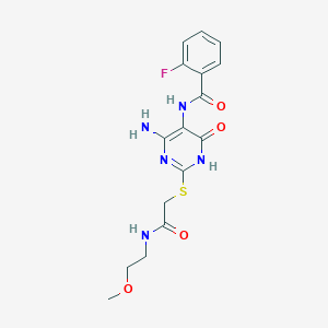 molecular formula C16H18FN5O4S B2470735 N-(4-氨基-2-((2-((2-甲氧基乙基)氨基)-2-氧代乙基)硫代)-6-氧代-1,6-二氢嘧啶-5-基)-2-氟苯甲酰胺 CAS No. 872597-19-8