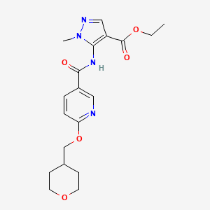 molecular formula C19H24N4O5 B2470767 1-甲基-5-(6-((四氢-2H-吡喃-4-基)甲氧基)烟酰胺)-1H-吡唑-4-羧酸乙酯 CAS No. 2034449-02-8