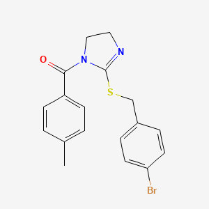 molecular formula C18H17BrN2OS B2470803 (2-((4-bromobenzyl)thio)-4,5-dihydro-1H-imidazol-1-yl)(p-tolyl)methanone CAS No. 851800-43-6