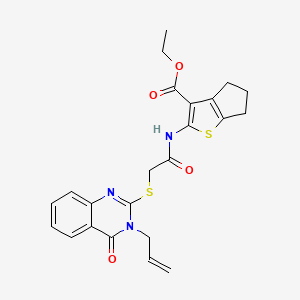 molecular formula C23H23N3O4S2 B2470872 ethyl 2-[[2-(4-oxo-3-prop-2-enylquinazolin-2-yl)sulfanylacetyl]amino]-5,6-dihydro-4H-cyclopenta[b]thiophene-3-carboxylate CAS No. 307512-82-9