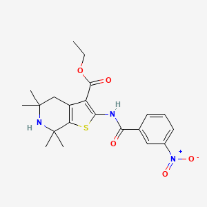 molecular formula C21H25N3O5S B2470912 Ethyl 5,5,7,7-tetramethyl-2-[(3-nitrobenzoyl)amino]-4,6-dihydrothieno[2,3-c]pyridine-3-carboxylate CAS No. 854134-23-9