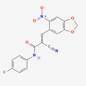 molecular formula C17H10FN3O5 B2470945 2-cyano-N-(4-fluorophenyl)-3-(6-nitro-2H-1,3-benzodioxol-5-yl)prop-2-enamide CAS No. 347394-08-5