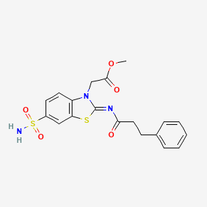 molecular formula C19H19N3O5S2 B2470950 Methyl 2-[2-(3-phenylpropanoylimino)-6-sulfamoyl-1,3-benzothiazol-3-yl]acetate CAS No. 865199-29-7