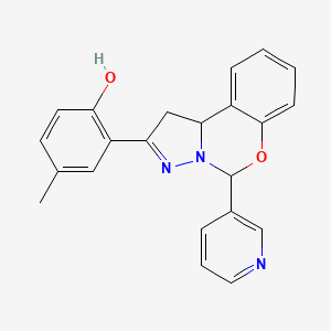 molecular formula C22H19N3O2 B2470961 4-Methyl-2-(5-pyridin-3-yl-1,10b-dihydropyrazolo[1,5-c][1,3]benzoxazin-2-yl)phenol CAS No. 896619-29-7