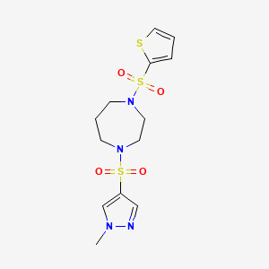 molecular formula C13H18N4O4S3 B2470986 1-((1-methyl-1H-pyrazol-4-yl)sulfonyl)-4-(thiophen-2-ylsulfonyl)-1,4-diazepane CAS No. 2034544-83-5