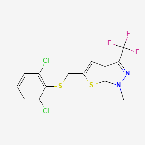 molecular formula C14H9Cl2F3N2S2 B2471072 5-{[(2,6-dichlorophenyl)sulfanyl]methyl}-1-methyl-3-(trifluoromethyl)-1H-thieno[2,3-c]pyrazole CAS No. 478031-74-2