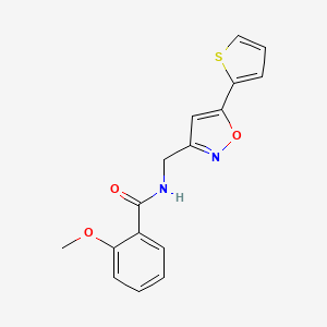 molecular formula C16H14N2O3S B2471101 2-methoxy-N-((5-(thiophen-2-yl)isoxazol-3-yl)methyl)benzamide CAS No. 952996-64-4