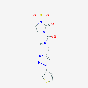 molecular formula C12H14N6O4S2 B2471113 3-(甲基磺酰基)-2-氧代-N-((1-(噻吩-3-基)-1H-1,2,3-三唑-4-基)甲基)咪唑烷-1-甲酰胺 CAS No. 2034386-43-9
