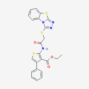 Ethyl 4-phenyl-2-(2-{7-thia-2,4,5-triazatricyclo[6.4.0.0^{2,6}]dodeca-1(8),3,5,9,11-pentaen-3-ylsulfanyl}acetamido)thiophene-3-carboxylate