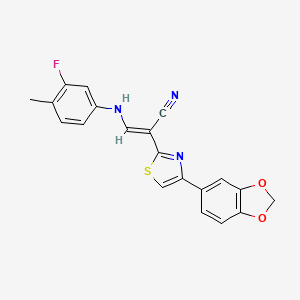 molecular formula C20H14FN3O2S B2471223 (E)-2-(4-(benzo[d][1,3]dioxol-5-yl)thiazol-2-yl)-3-((3-fluoro-4-methylphenyl)amino)acrylonitrile CAS No. 1322003-41-7