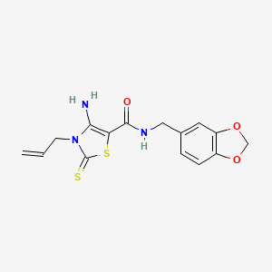 molecular formula C15H15N3O3S2 B2471238 3-烯丙基-4-氨基-N-(苯并[d][1,3]二氧杂环-5-基甲基)-2-硫代-2,3-二氢噻唑-5-甲酰胺 CAS No. 946242-93-9