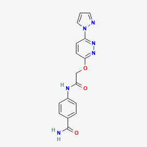 molecular formula C16H14N6O3 B2471245 4-(2-((6-(1H-pyrazol-1-yl)pyridazin-3-yl)oxy)acetamido)benzamide CAS No. 1428375-46-5
