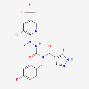 molecular formula C20H17ClF4N6O2 B2471260 N-[[[3-chloro-5-(trifluoromethyl)pyridin-2-yl]-methylamino]carbamoyl]-N-[(4-fluorophenyl)methyl]-5-methyl-1H-pyrazole-4-carboxamide CAS No. 321574-35-0