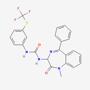 molecular formula C24H19F3N4O2S B2471262 N-(2,5-diaza-2-methyl-3-oxo-6-phenylbicyclo[5.4.0]undeca-1(7),5,8,10-tetraen-4-yl)((3-(trifluoromethylthio)phenyl)amino)formamide CAS No. 1796888-34-0