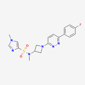 molecular formula C18H19FN6O2S B2471303 N-[1-[6-(4-Fluorophenyl)pyridazin-3-yl]azetidin-3-yl]-N,1-dimethylimidazole-4-sulfonamide CAS No. 2415463-42-0