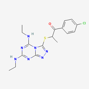 molecular formula C17H20ClN7OS B2471307 2-((5,7-Bis(ethylamino)-[1,2,4]triazolo[4,3-a][1,3,5]triazin-3-yl)thio)-1-(4-chlorophenyl)propan-1-one CAS No. 302950-87-4