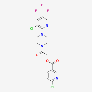 molecular formula C18H15Cl2F3N4O3 B2471333 2-{4-[3-Chloro-5-(trifluoromethyl)pyridin-2-yl]piperazin-1-yl}-2-oxoethyl 6-chloropyridine-3-carboxylate CAS No. 1147543-82-5