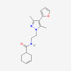 molecular formula C18H23N3O2 B2471336 N-(2-(4-(furan-2-yl)-3,5-dimethyl-1H-pyrazol-1-yl)ethyl)cyclohex-3-enecarboxamide CAS No. 2034373-75-4