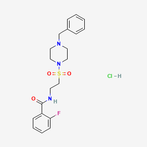 molecular formula C20H25ClFN3O3S B2471358 盐酸N-(2-((4-苄基哌嗪-1-基)磺酰基)乙基)-2-氟苯甲酰胺 CAS No. 1185121-76-9