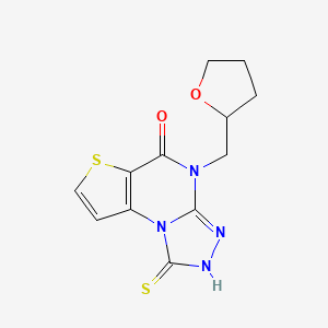 molecular formula C12H12N4O2S2 B2471416 4-((tetrahydrofuran-2-yl)methyl)-1-thioxo-1,2-dihydrothieno[2,3-e][1,2,4]triazolo[4,3-a]pyrimidin-5(4H)-one CAS No. 1031558-48-1