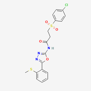molecular formula C18H16ClN3O4S2 B2471466 3-((4-chlorophenyl)sulfonyl)-N-(5-(2-(methylthio)phenyl)-1,3,4-oxadiazol-2-yl)propanamide CAS No. 886911-75-7