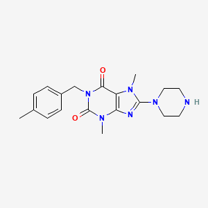 molecular formula C19H24N6O2 B2471471 3,7-Dimethyl-1-[(4-methylphenyl)methyl]-8-piperazin-1-ylpurine-2,6-dione CAS No. 878452-40-5