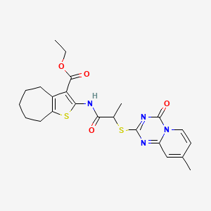 molecular formula C23H26N4O4S2 B2471476 ethyl 2-(2-((8-methyl-4-oxo-4H-pyrido[1,2-a][1,3,5]triazin-2-yl)thio)propanamido)-5,6,7,8-tetrahydro-4H-cyclohepta[b]thiophene-3-carboxylate CAS No. 896332-45-9