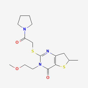 molecular formula C16H23N3O3S2 B2471515 3-(2-methoxyethyl)-6-methyl-2-((2-oxo-2-(pyrrolidin-1-yl)ethyl)thio)-6,7-dihydrothieno[3,2-d]pyrimidin-4(3H)-one CAS No. 851409-88-6