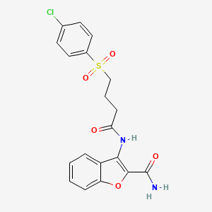 molecular formula C19H17ClN2O5S B2471556 3-(4-((4-Chlorophenyl)sulfonyl)butanamido)benzofuran-2-carboxamide CAS No. 941901-23-1