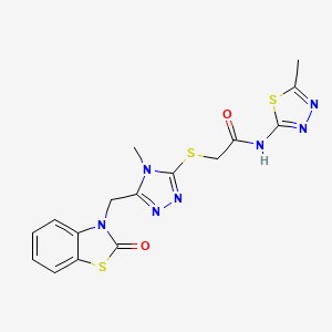 molecular formula C16H15N7O2S3 B2471629 N-(5-methyl-1,3,4-thiadiazol-2-yl)-2-((4-methyl-5-((2-oxobenzo[d]thiazol-3(2H)-yl)methyl)-4H-1,2,4-triazol-3-yl)thio)acetamide CAS No. 847400-72-0