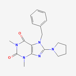 molecular formula C18H21N5O2 B2471650 7-Benzyl-1,3-dimethyl-8-pyrrolidin-1-ylpurine-2,6-dione CAS No. 361174-76-7