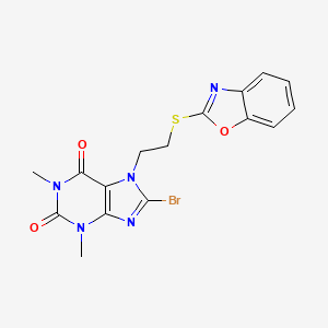 molecular formula C16H14BrN5O3S B2471655 7-(2-(benzo[d]oxazol-2-ylthio)ethyl)-8-bromo-1,3-dimethyl-1H-purine-2,6(3H,7H)-dione CAS No. 442865-14-7