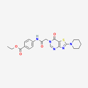 molecular formula C21H23N5O4S B2471667 ethyl 4-(2-(7-oxo-2-(piperidin-1-yl)thiazolo[4,5-d]pyrimidin-6(7H)-yl)acetamido)benzoate CAS No. 1223994-79-3