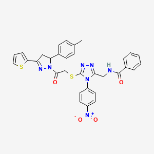 molecular formula C32H27N7O4S2 B2471689 N-((4-(4-nitrophenyl)-5-((2-oxo-2-(3-(thiophen-2-yl)-5-(p-tolyl)-4,5-dihydro-1H-pyrazol-1-yl)ethyl)thio)-4H-1,2,4-triazol-3-yl)methyl)benzamide CAS No. 393573-30-3