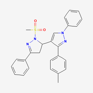 molecular formula C26H24N4O2S B2471694 3-(4-Methylphenyl)-4-(2-methylsulfonyl-5-phenyl-3,4-dihydropyrazol-3-yl)-1-phenylpyrazole CAS No. 1010862-50-6