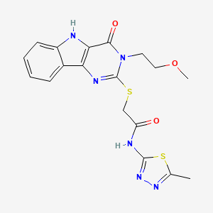 molecular formula C18H18N6O3S2 B2471702 2-((3-(2-methoxyethyl)-4-oxo-4,5-dihydro-3H-pyrimido[5,4-b]indol-2-yl)thio)-N-(5-methyl-1,3,4-thiadiazol-2-yl)acetamide CAS No. 887216-97-9
