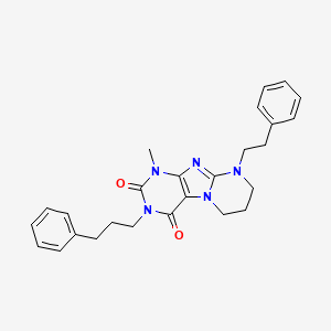 molecular formula C26H29N5O2 B2471704 1-methyl-9-(2-phenylethyl)-3-(3-phenylpropyl)-6,7,8,9-tetrahydropyrimido[2,1-f]purine-2,4(1H,3H)-dione CAS No. 877805-07-7