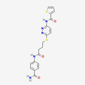molecular formula C20H19N5O3S2 B2471728 N-(6-((4-((4-carbamoylphenyl)amino)-4-oxobutyl)thio)pyridazin-3-yl)thiophene-2-carboxamide CAS No. 1040649-40-8