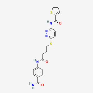 molecular formula C20H19N5O3S2 B2471728 N-(6-((4-((4-氨甲酰苯基)氨基)-4-氧代丁基)硫代)吡啶并嘧啶-3-基)噻吩-2-甲酰胺 CAS No. 1040649-40-8