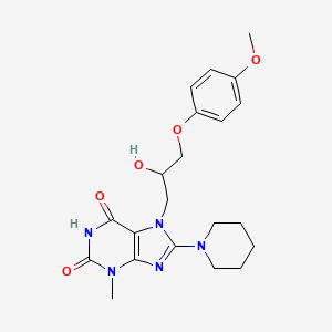 molecular formula C21H27N5O5 B2471744 7-(2-hydroxy-3-(4-methoxyphenoxy)propyl)-3-methyl-8-(piperidin-1-yl)-1H-purine-2,6(3H,7H)-dione CAS No. 313551-75-6