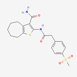 molecular formula C19H22N2O4S2 B2471765 2-(2-(4-(methylsulfonyl)phenyl)acetamido)-5,6,7,8-tetrahydro-4H-cyclohepta[b]thiophene-3-carboxamide CAS No. 942008-51-7
