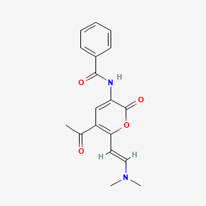 molecular formula C18H18N2O4 B2471769 N-{5-acetyl-6-[2-(dimethylamino)vinyl]-2-oxo-2H-pyran-3-yl}benzenecarboxamide CAS No. 181578-02-9