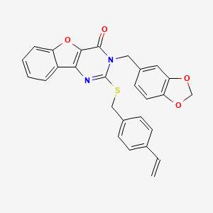 molecular formula C27H20N2O4S B2471773 3-(1,3-benzodioxol-5-ylmethyl)-2-[(4-ethenylbenzyl)sulfanyl][1]benzofuro[3,2-d]pyrimidin-4(3H)-one CAS No. 1291870-17-1