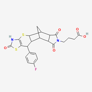molecular formula C23H21FN2O5S2 B2471795 4-[9-(4-Fluorophenyl)-6,13,15-trioxo-3,7-dithia-5,14-diazapentacyclo[9.5.1.0^{2,10}.0^{4,8}.0^{12,16}]heptadec-4(8)-en-14-yl]butanoic acid CAS No. 1177818-32-4
