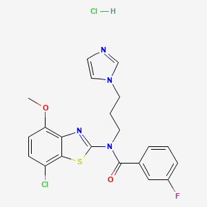 molecular formula C21H19Cl2FN4O2S B2471821 盐酸N-(3-(1H-咪唑-1-基)丙基)-N-(7-氯-4-甲氧基苯并[d]噻唑-2-基)-3-氟苯甲酰胺 CAS No. 1215787-91-9